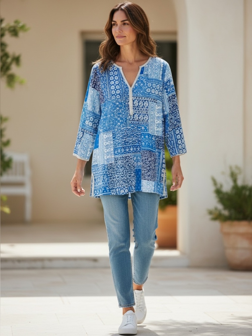 J.‎ McLaughlin Blue Patchwork Mixed Print Tunic Top Size XS